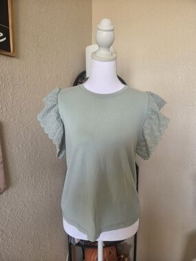 Zara Light Sage Green Eyelet Ruffle Sleeve Tee